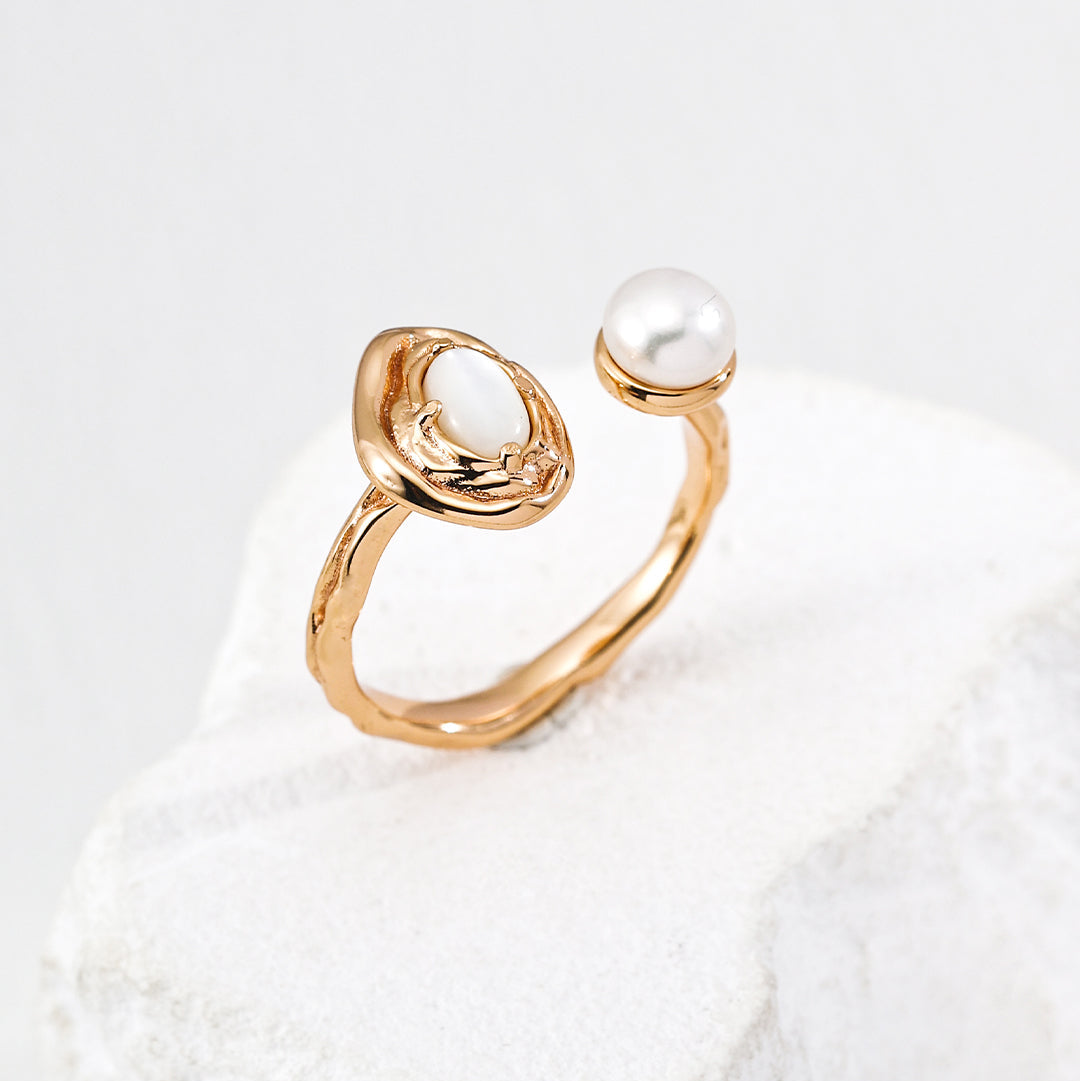Mother-of-pearl and pearl open ring in vintage gold-tone sterling silver
