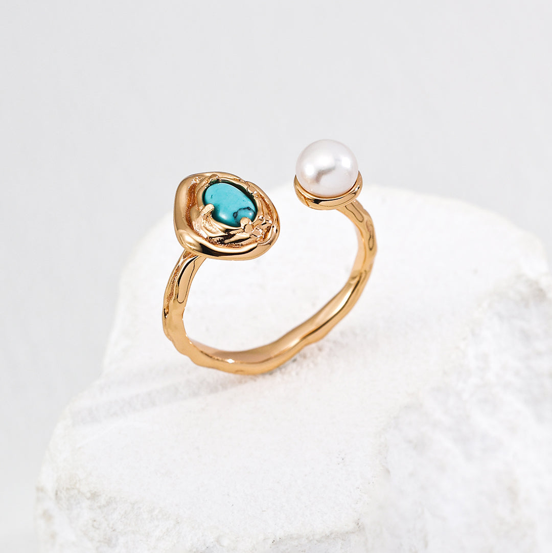 Turquoise and pearl open ring in vintage gold-tone sterling silver