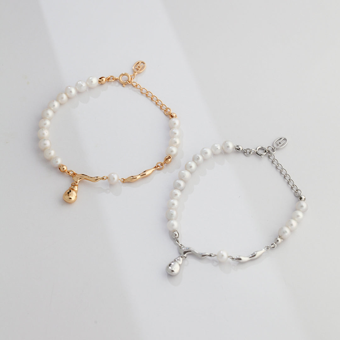 Pearl chain bracelets in silver and vintage gold tones