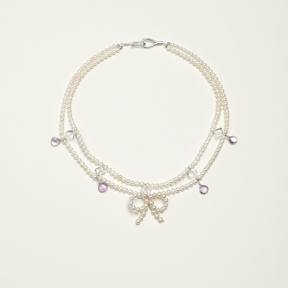 Pearl Bow Necklace with Amethyst & Clear Quartz