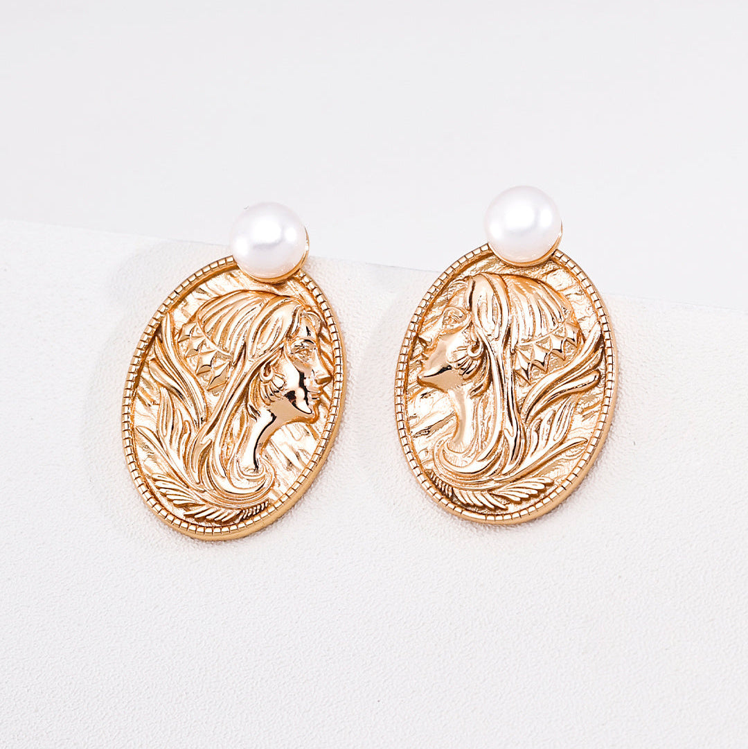Vintage Portrait Medallion Pearl Earrings | 925 Sterling Silver