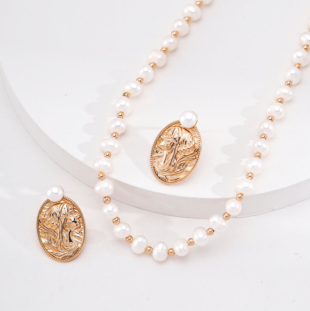 Pearl & Portrait Medallion Earrings — product and styling view; other jewellery sold separately