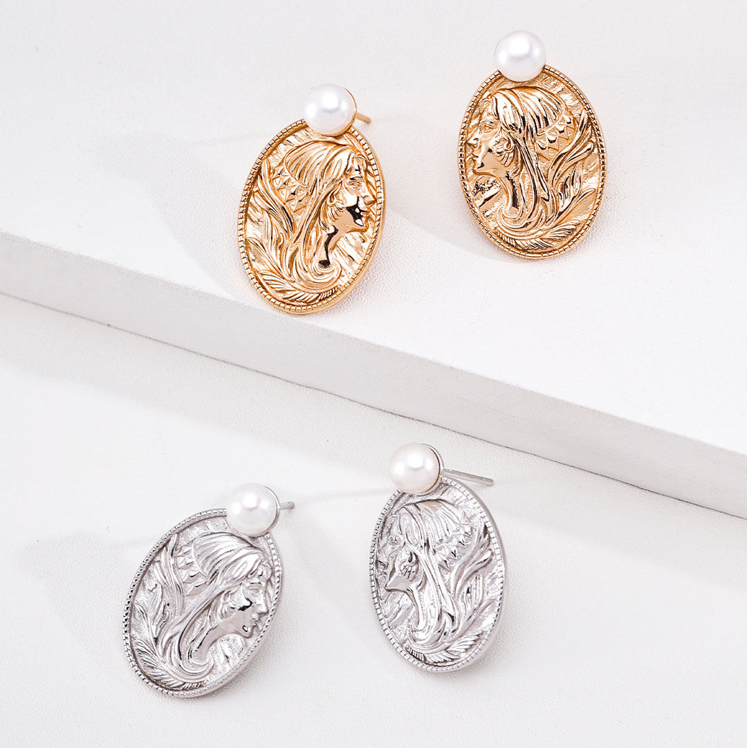 Pearl & Portrait Medallion Earrings — product and styling view; other jewellery sold separately