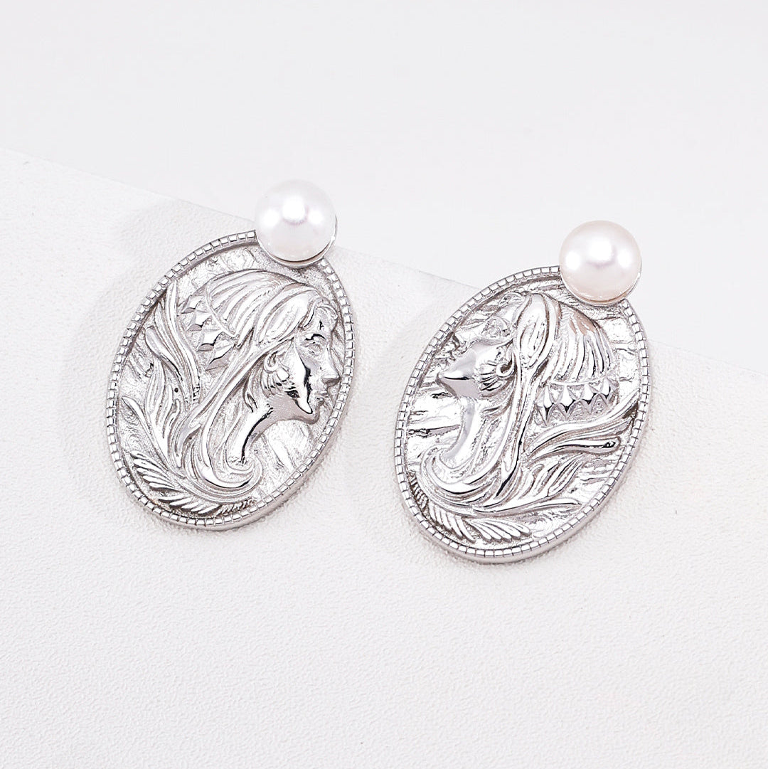 Pearl & Portrait Medallion Earrings — product and styling view; other jewellery sold separately