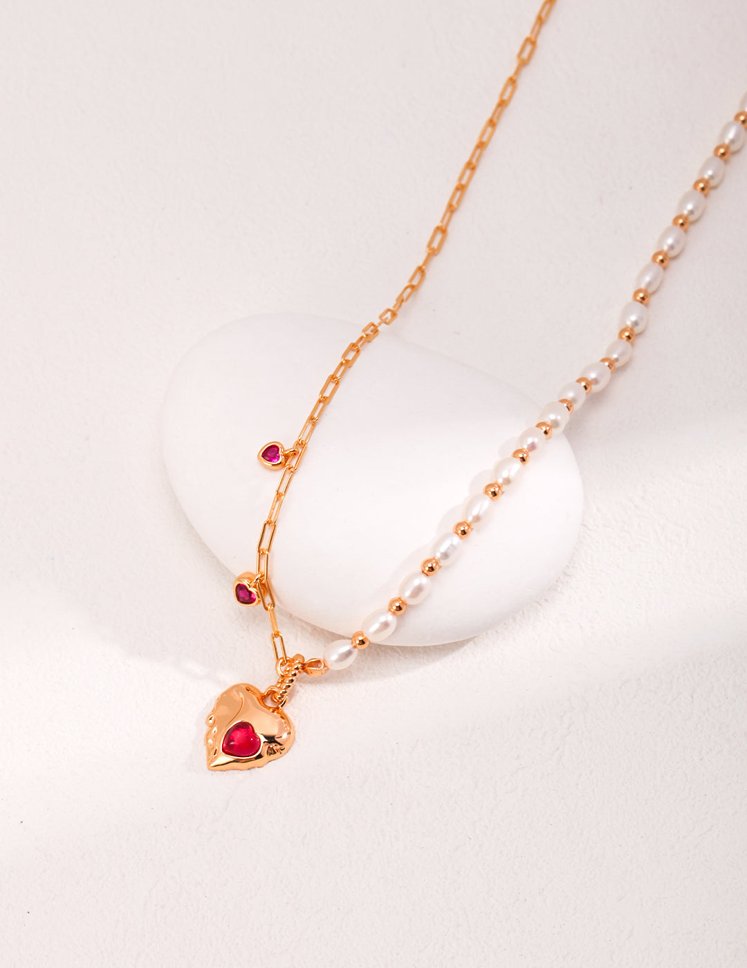 Pearl & Red Corundum Heart Necklace — detail or styling view; other jewelry sold separately