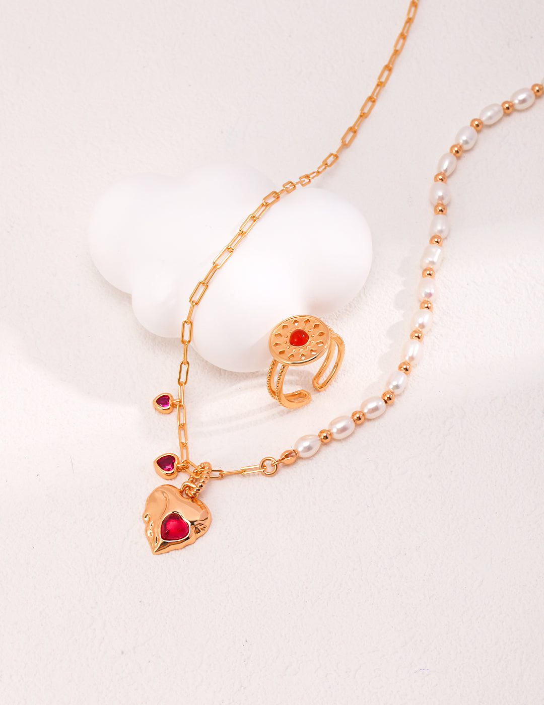 Pearl & Red Corundum Heart Necklace — detail or styling view; other jewelry sold separately