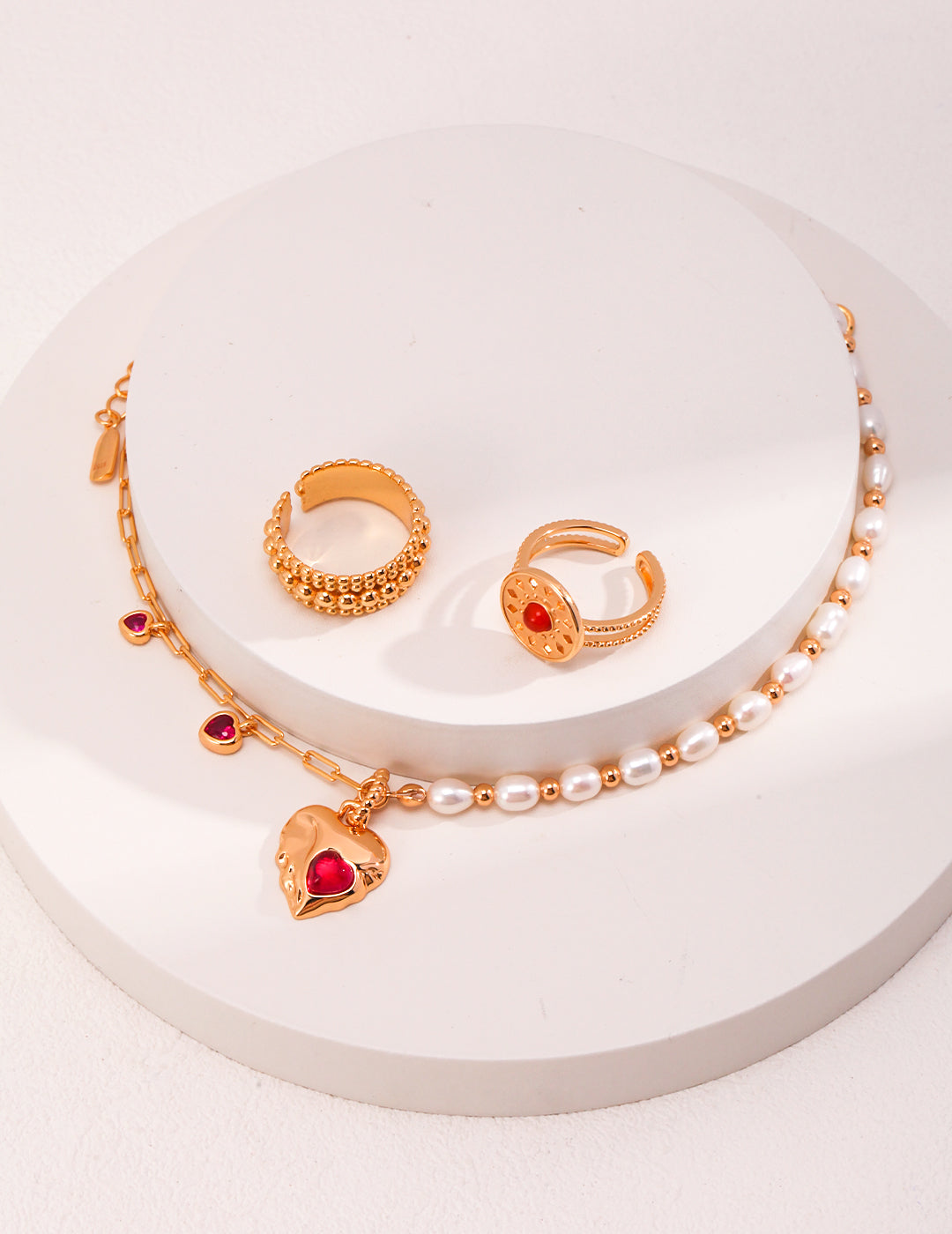 Pearl & Red Corundum Heart Necklace — detail or styling view; other jewelry sold separately
