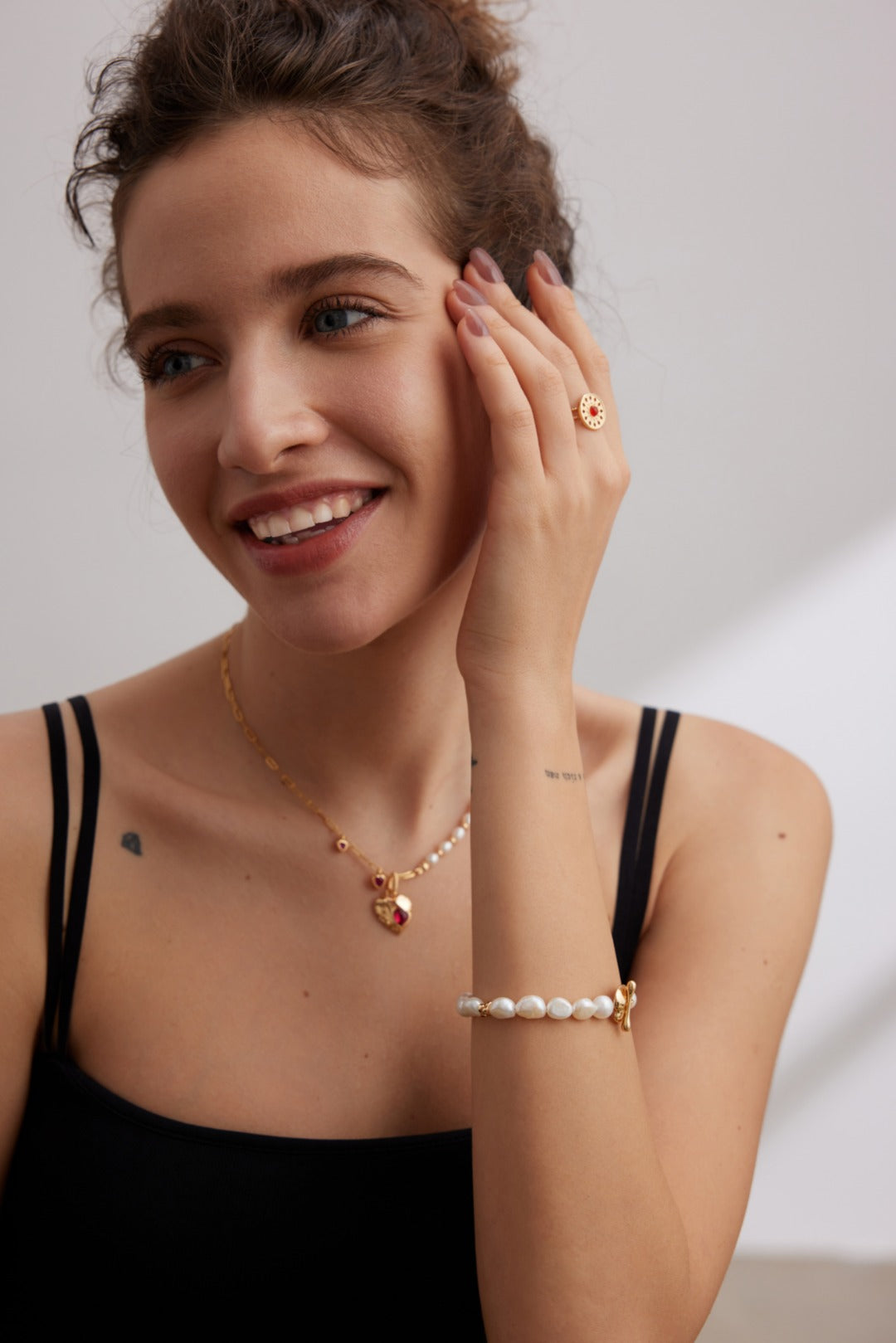 Pearl & Red Corundum Heart Necklace — detail or styling view; other jewelry sold separately
