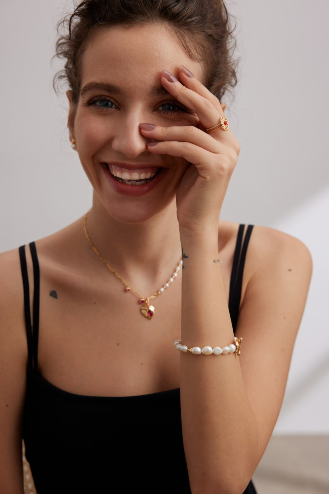 Pearl & Red Corundum Heart Necklace — detail or styling view; other jewelry sold separately