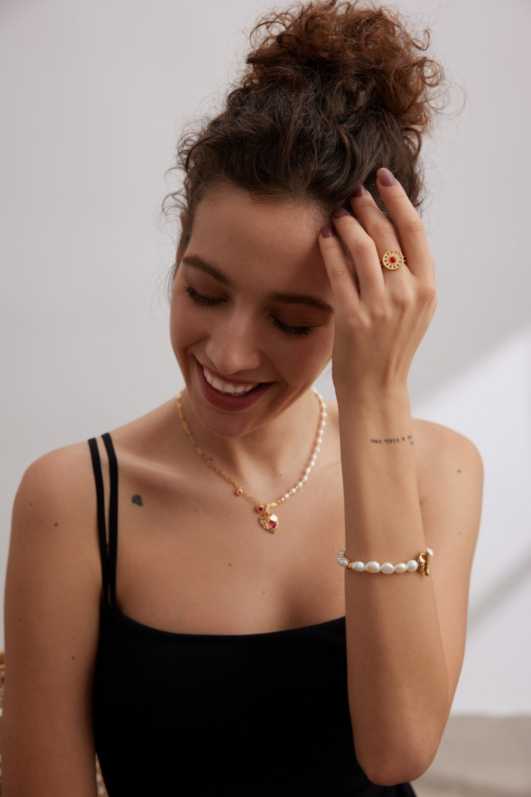 Pearl & Red Corundum Heart Necklace — detail or styling view; other jewelry sold separately