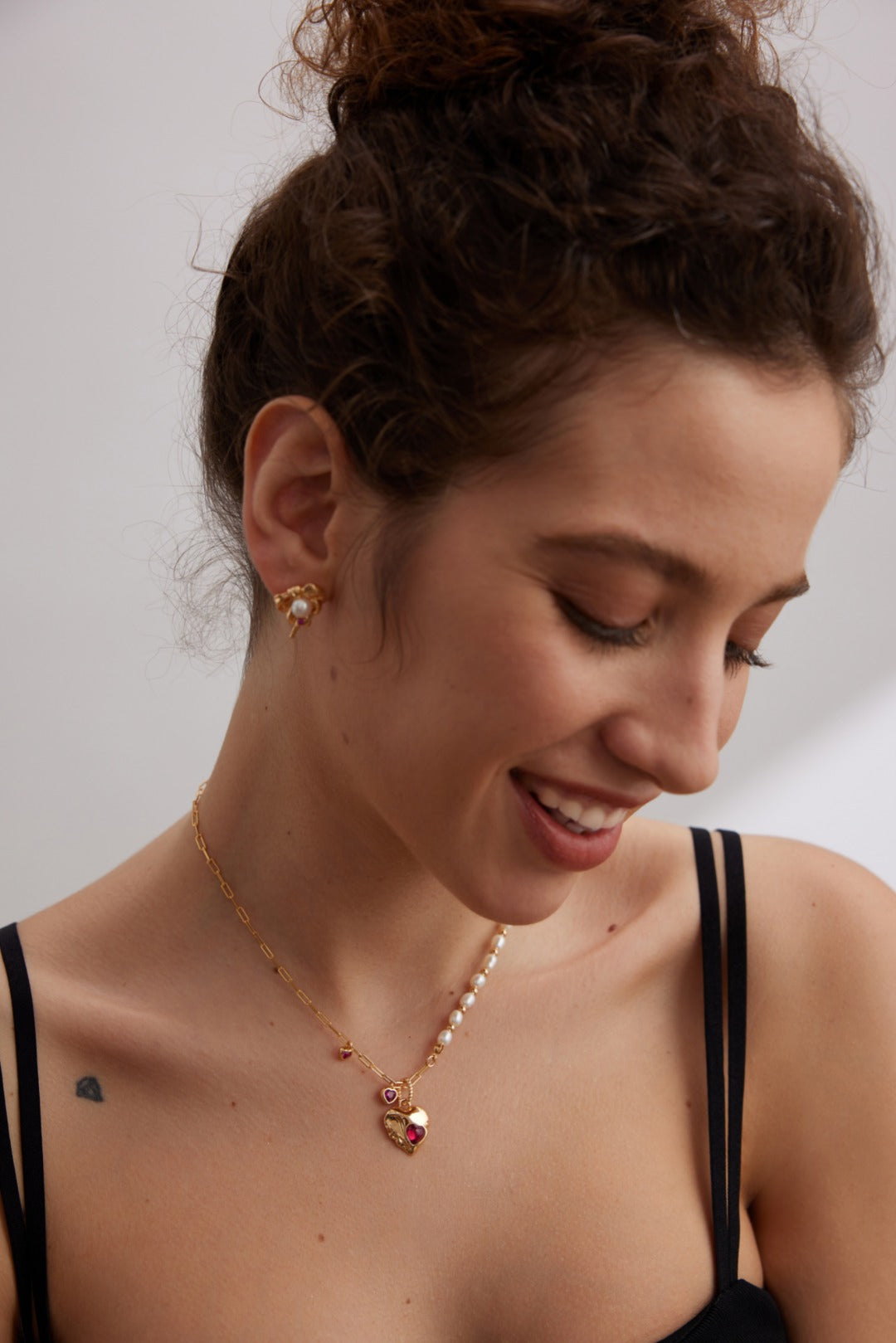 Pearl & Red Corundum Heart Necklace — detail or styling view; other jewelry sold separately
