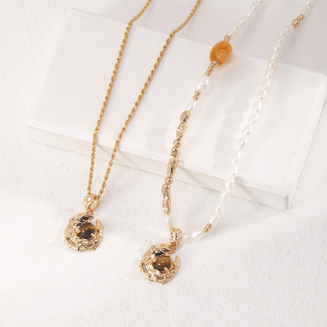 Pearl & Tiger's Eye Pendant Necklace — product and styling view; other jewellery sold separately