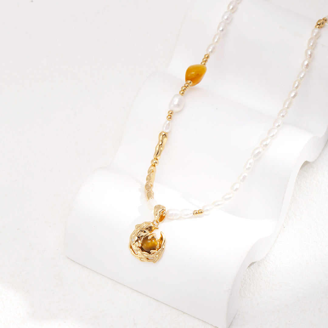 Pearl & Tiger's Eye Pendant Necklace — product and styling view; other jewellery sold separately