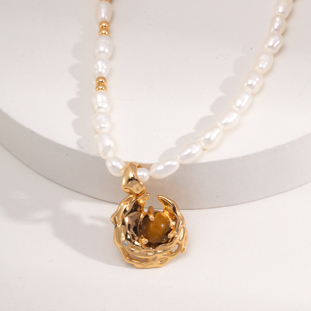 Pearl & Tiger's Eye Pendant Necklace — product and styling view; other jewellery sold separately