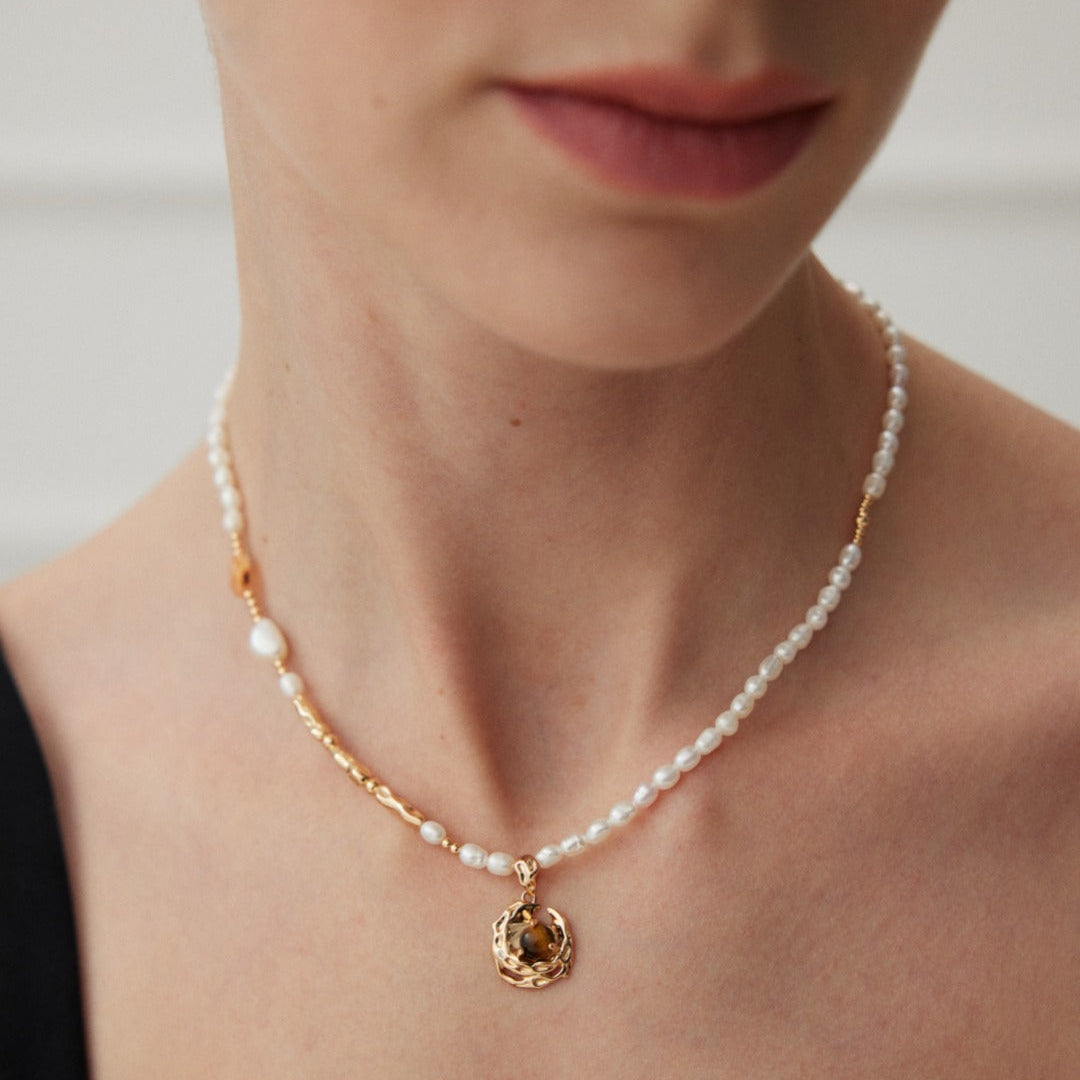 Pearl & Tiger's Eye Pendant Necklace — product and styling view; other jewellery sold separately