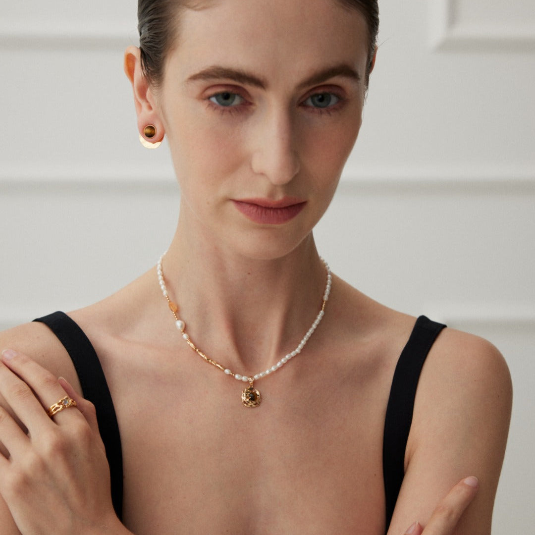 Pearl & Tiger's Eye Pendant Necklace — product and styling view; other jewellery sold separately