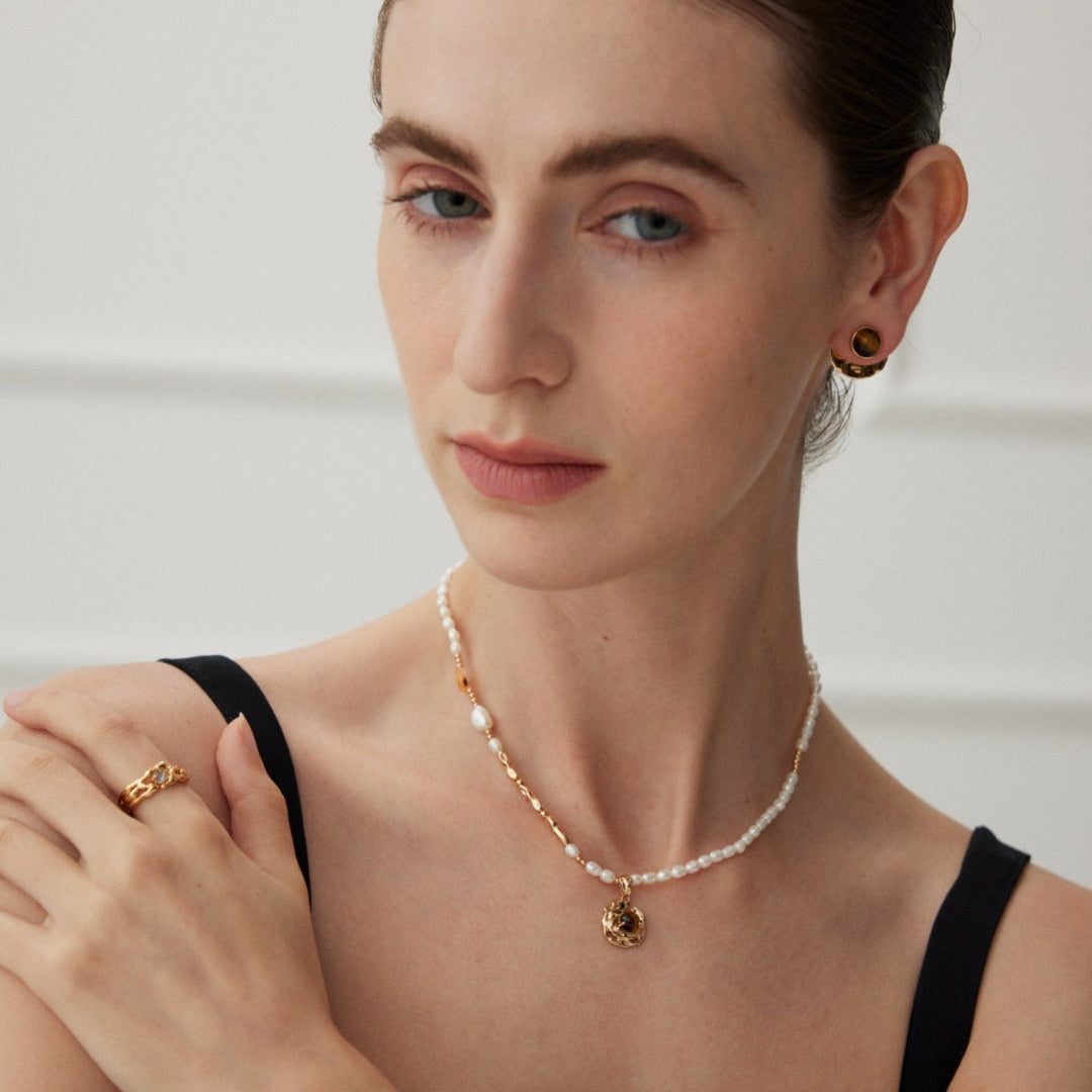 Pearl & Tiger's Eye Pendant Necklace — product and styling view; other jewellery sold separately