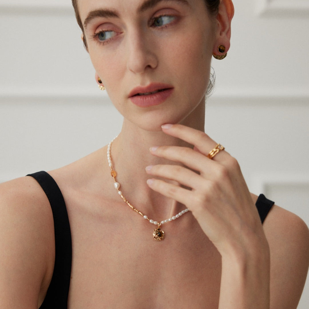 Pearl & Tiger's Eye Pendant Necklace — product and styling view; other jewellery sold separately