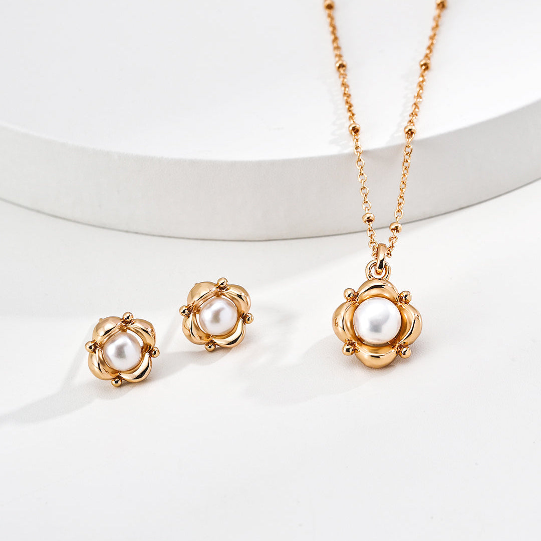 Petite Pearl Flower Stud Earrings — product and styling view; other jewellery sold separately