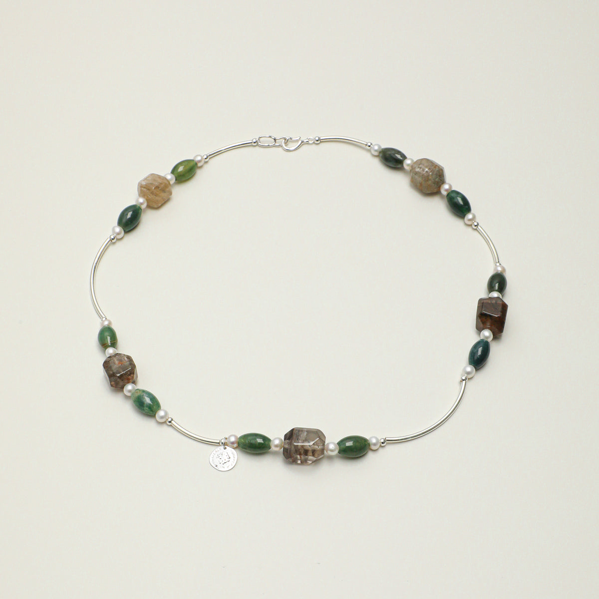 Phantom Quartz & Pearl Necklace - Moss-Tone Beads - product photograph
