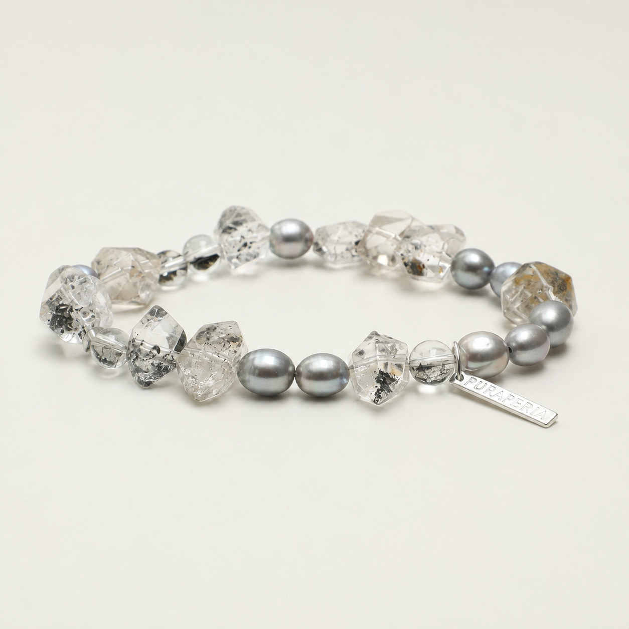 Rutilated Quartz & Grey Pearl Bracelet alternate angle showing overall construction