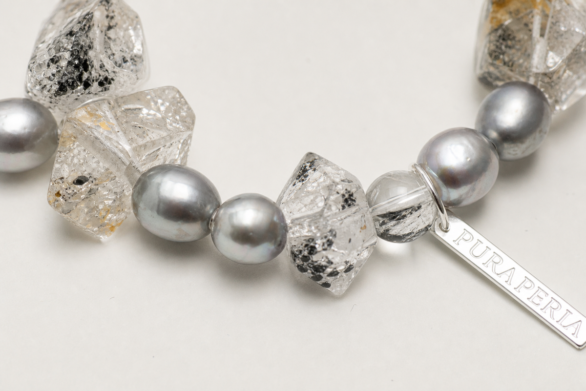 Rutilated Quartz & Grey Pearl Bracelet natural materials and silver workmanship close-up
