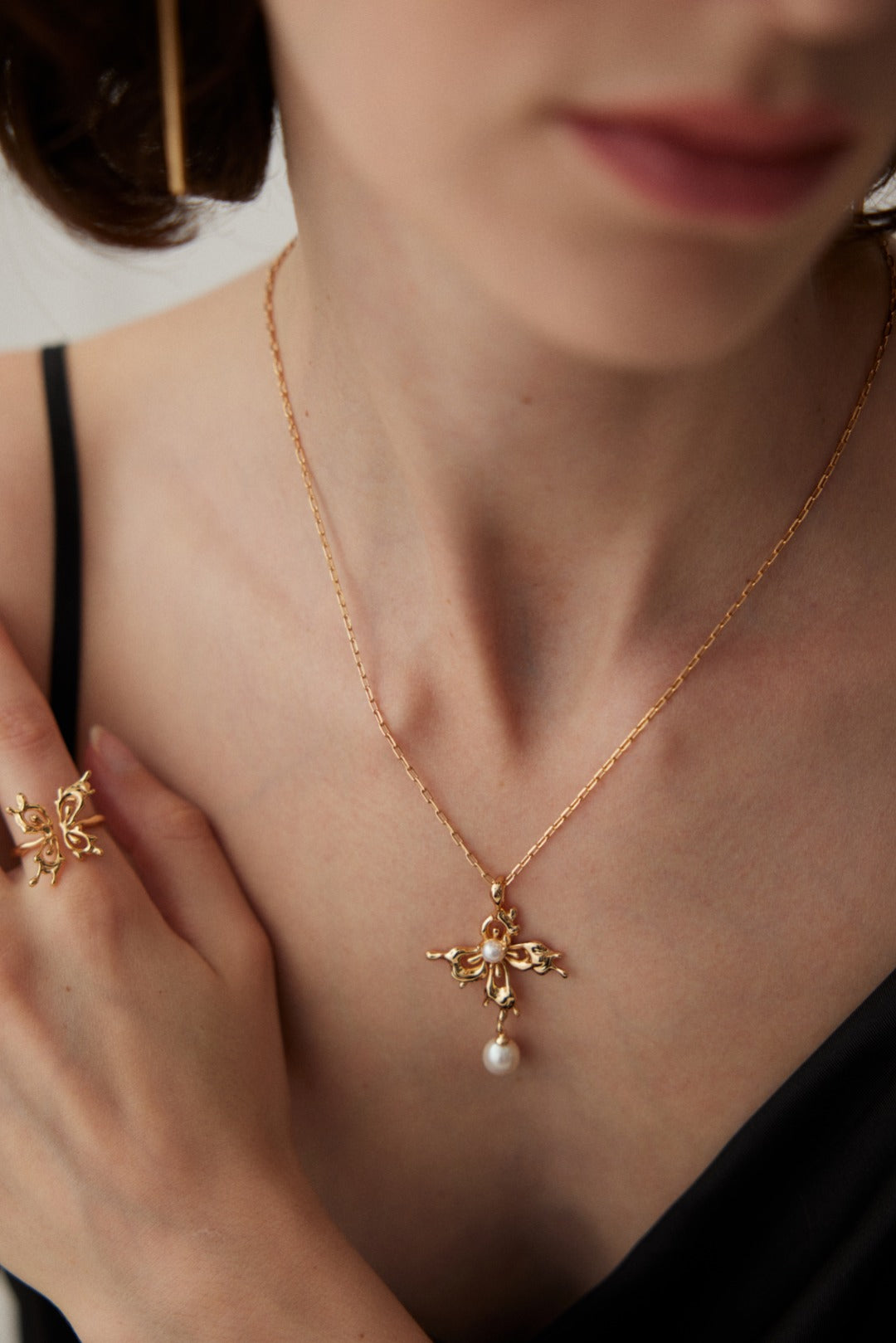 Sculptural Orchid Open Ring — detail or styling view; other jewelry sold separately