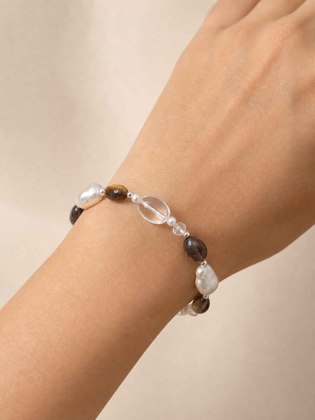 Smoky Quartz & Tiger's Eye Bracelet worn correctly on wrist at realistic scale