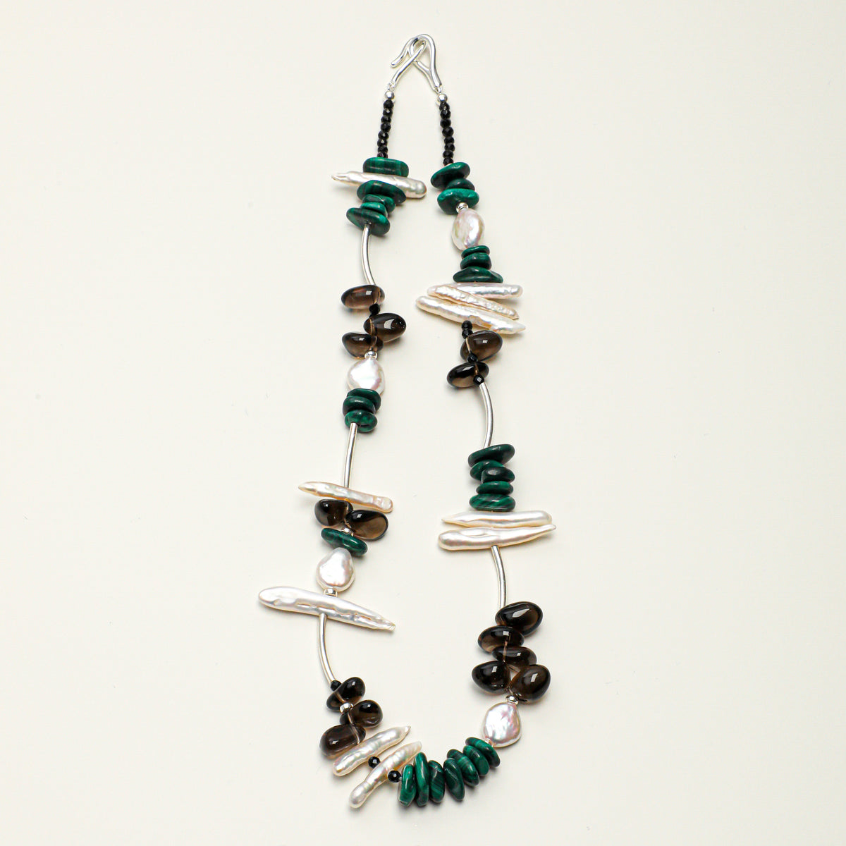Smoky Quartz, Malachite & Pearl Necklace - Silver Tubes - product photograph