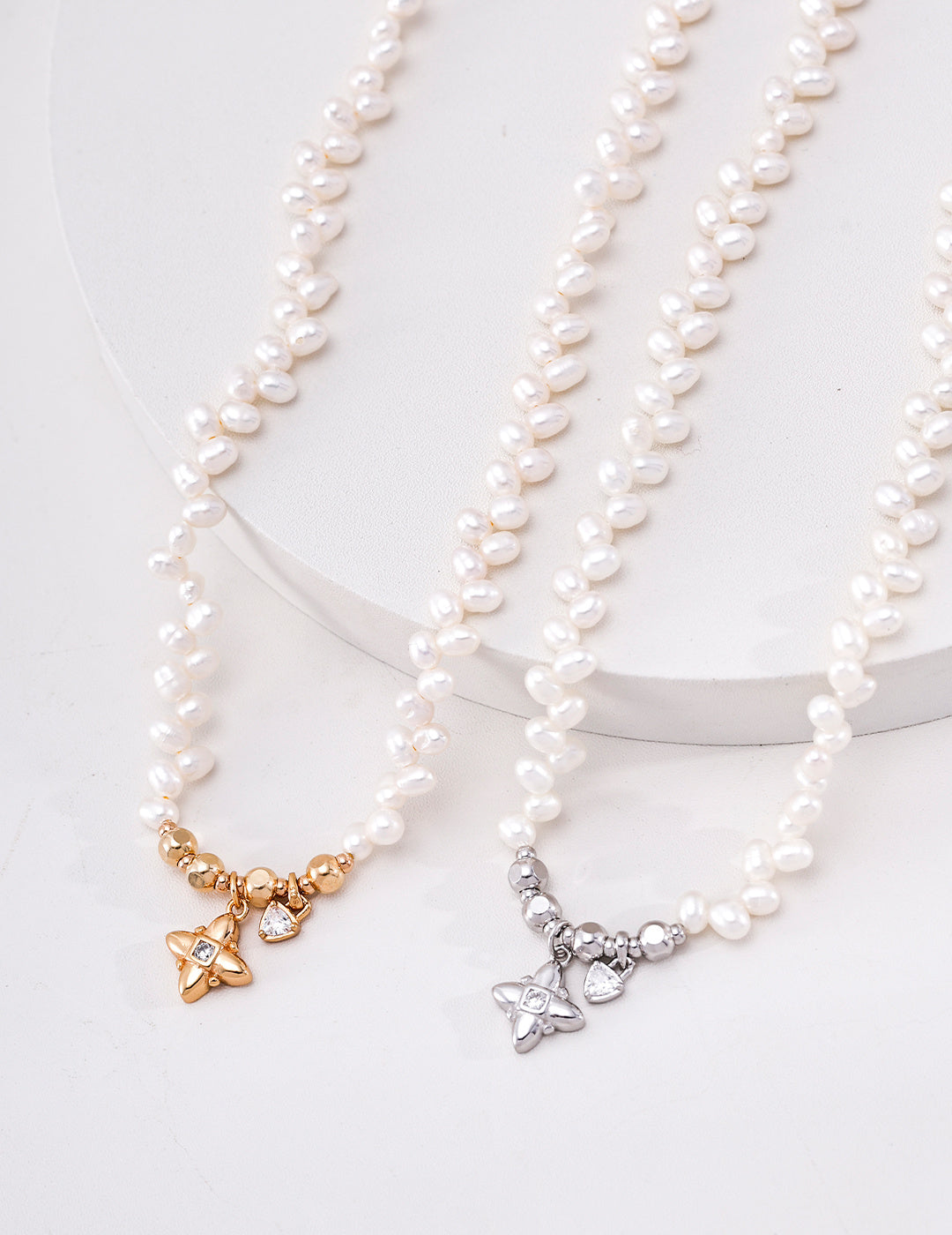 Pearl cross charm necklaces in silver and vintage gold tones