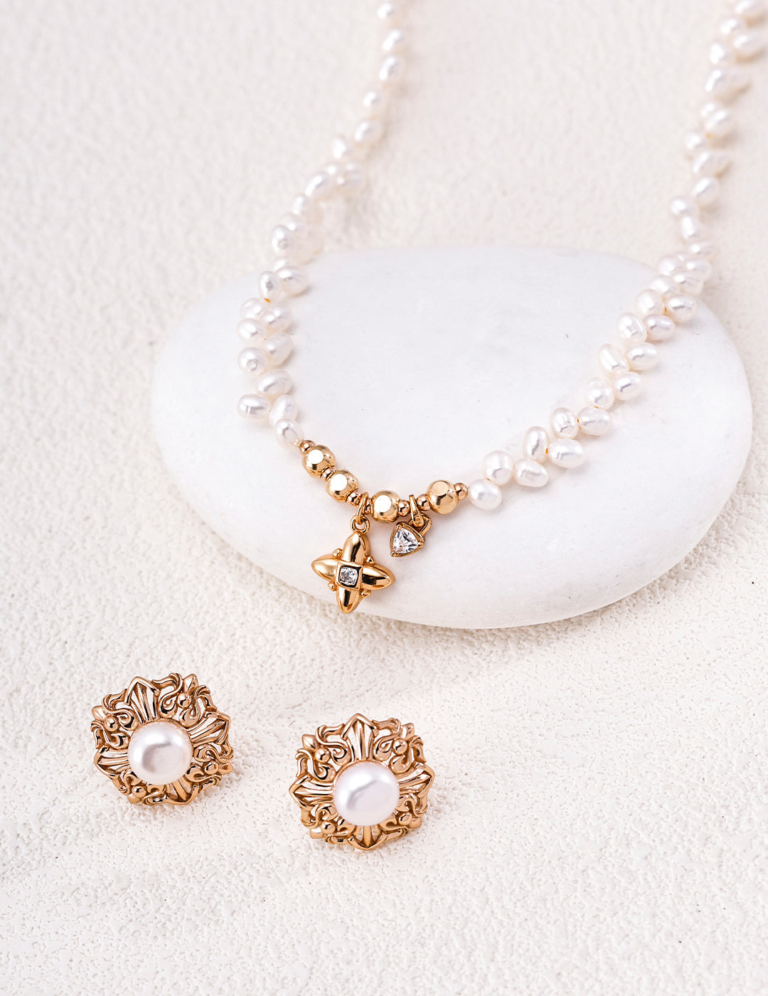 Pearl cross charm necklace with separate coordinating earrings