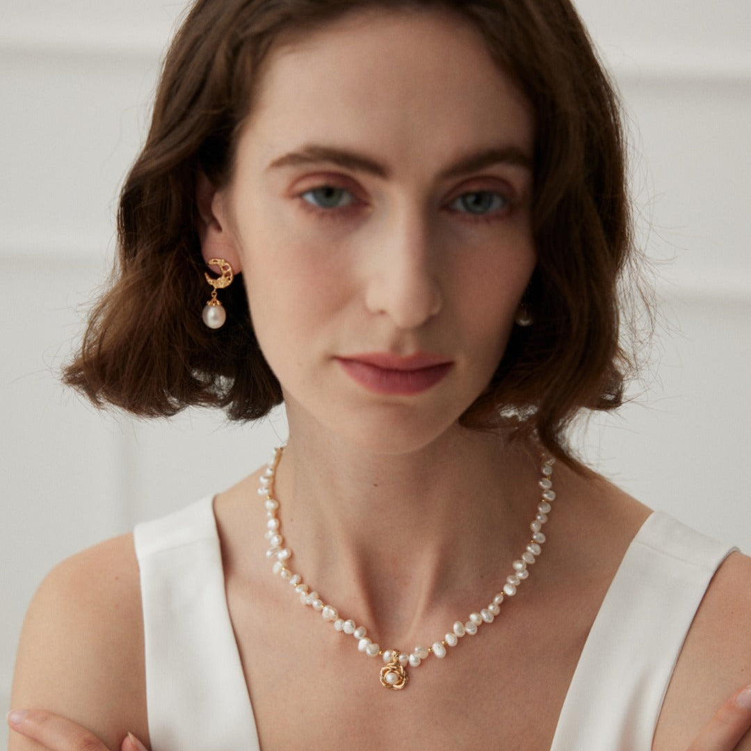 Textured Hoop Pearl Drop Earrings — product and styling view; other jewellery sold separately