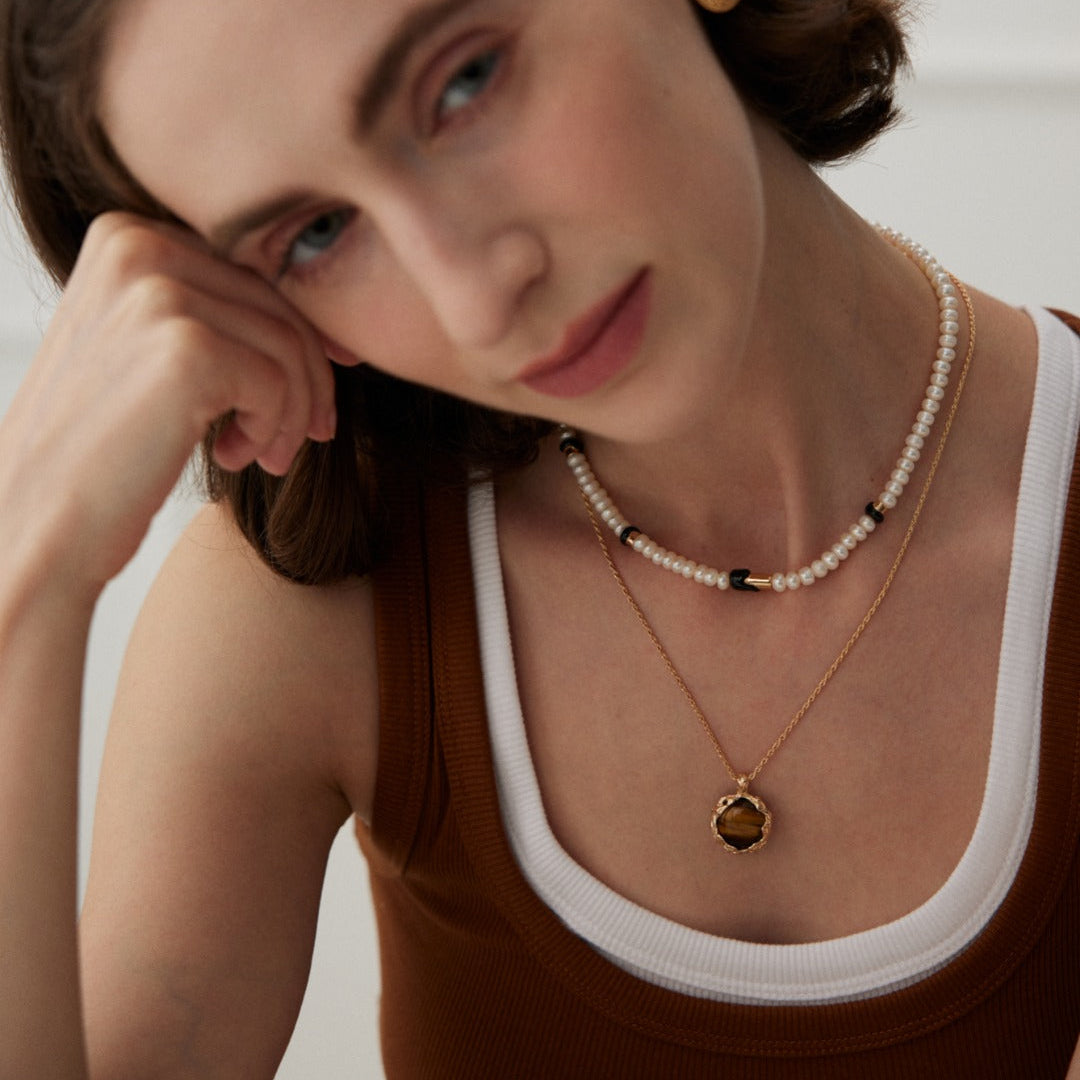 Tiger's Eye Textured Pendant Necklace — product and styling view; other jewellery sold separately
