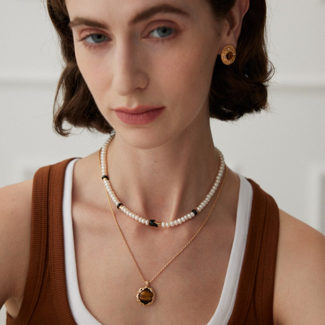 Tiger's Eye Textured Pendant Necklace — product and styling view; other jewellery sold separately