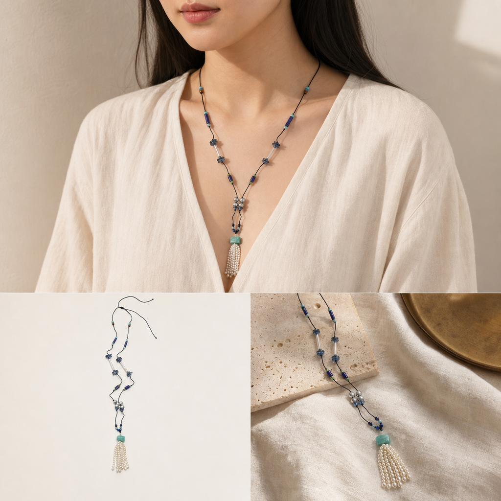 Topaz Amazonite Lapis Lazuli Necklace PS2508339 worn, macro detail and atmospheric scene